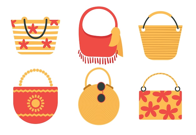 Um conjunto de divertidas bolsas de praia. Acessórios para as férias de verão à beira-mar.