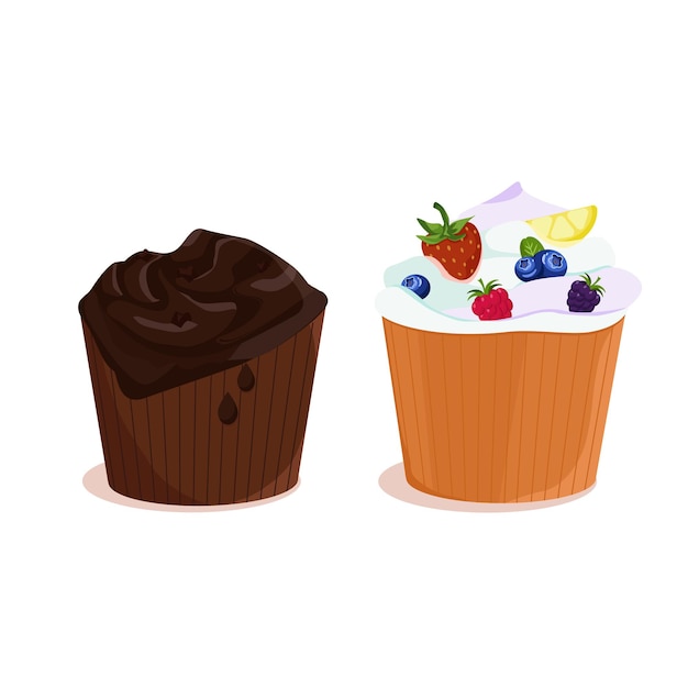 Um conjunto de dois cupcakes de chocolate e frutas vermelhas ilustração em vetor doce delicioso queque bolo cremoso