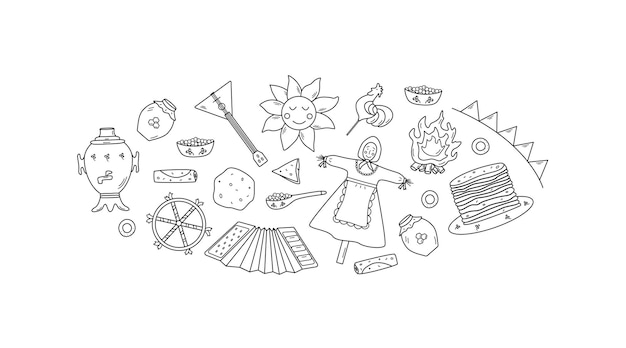 Um conjunto de elementos de doodle do dia da panqueca. Ilustração em vetor de ícones do tradicional feriado russo Maslenitsa. Sol, espantalho, balalaica acordeão, samovar,