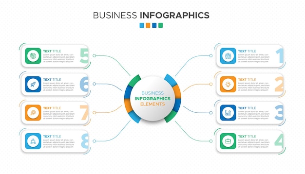 Um conjunto de elementos de infográfico de negócios de 8 etapas com formas coloridas