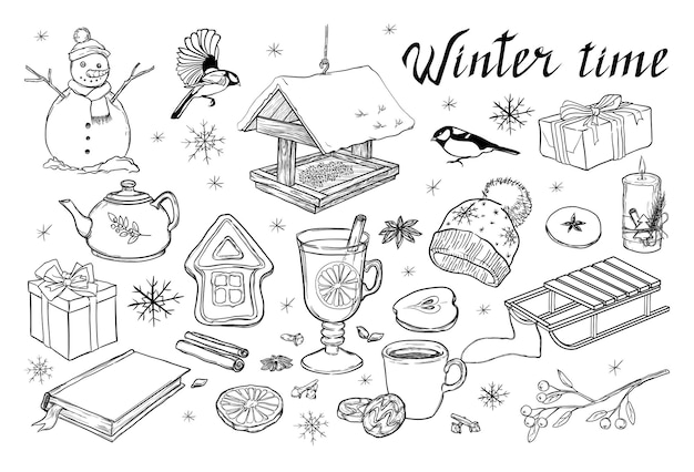 Um conjunto de elementos de inverno isolado no fundo branco ilustração em vetor desenhada à mão para o natal