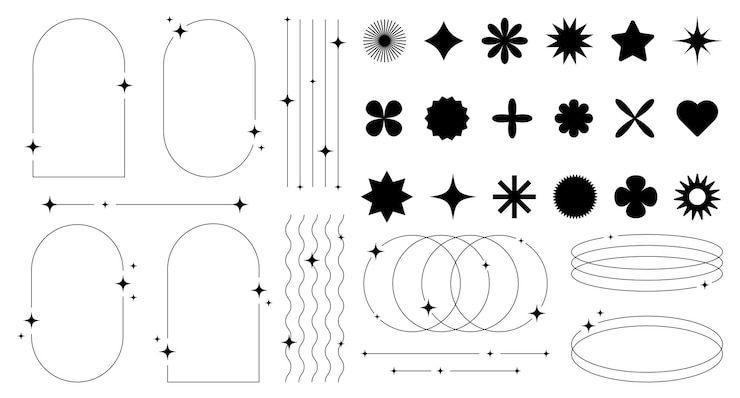 Vetor um conjunto de elementos e formas futuristas retrô abstratos e molduras de linhas estéticas boho brutalismo y2k