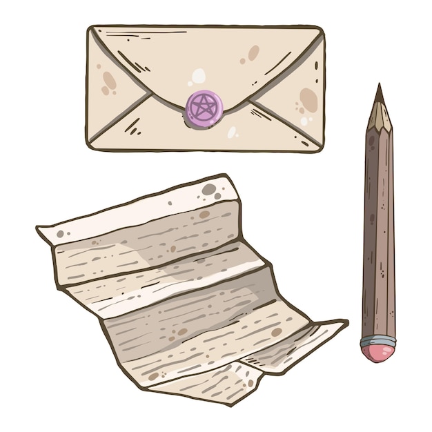 Vetor um conjunto de envelope e lápis de carta de papelaria bruxa