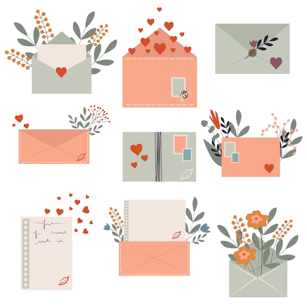 Vetor um conjunto de envelopes para as férias flores de primavera e cartas parabéns