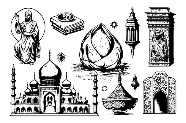 Um conjunto de esboços de estilo de gravura vintage representando as tradições religiosas do conceito islâmico e a cultura muçulmana