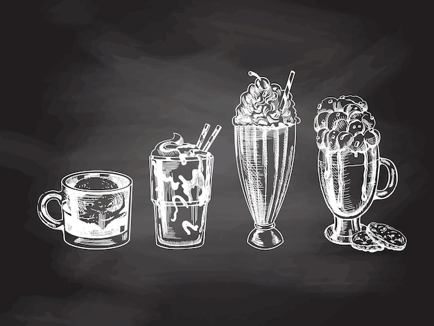 Um conjunto de esboços desenhados à mão de bebidas isoladas no fundo do quadro vermelho café com creme de leite batido e biscoitos milkshake com sorvete de creme affogato café com sorvete em um copo de vidro