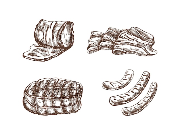 Um conjunto de esboços desenhados à mão de pedaços de carne bacon presunto carne de porco salsicha produtos de carne fresca