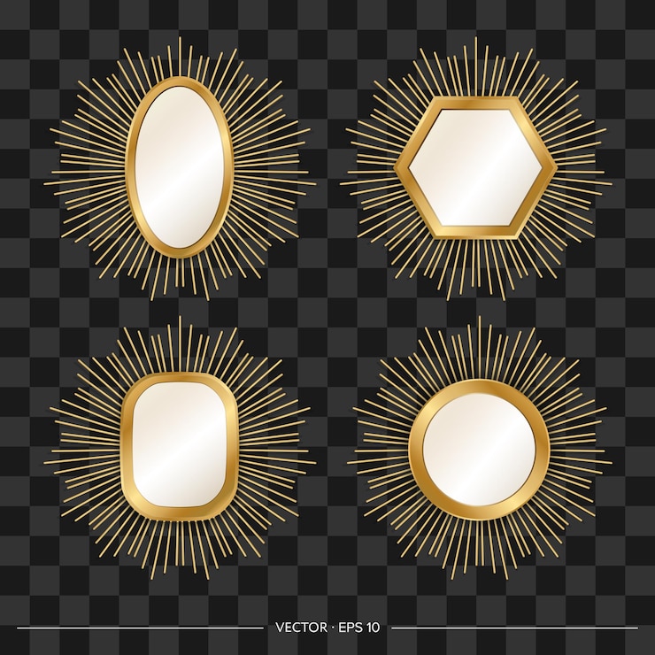 Vetor um conjunto de espelhos de designer com uma moldura dourada e raios ao redor do estilo realista ilustração vetorial