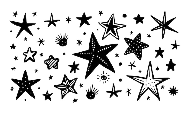 Vetor um conjunto de estrelas desenhadas à mão em preto com ícone pro set de ilustração vetorial plana em fundo branco