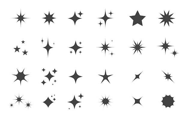 Um conjunto de estrelas piscando faíscas e brilhantes brilhando formas de explosão de sol coleção luz mágica