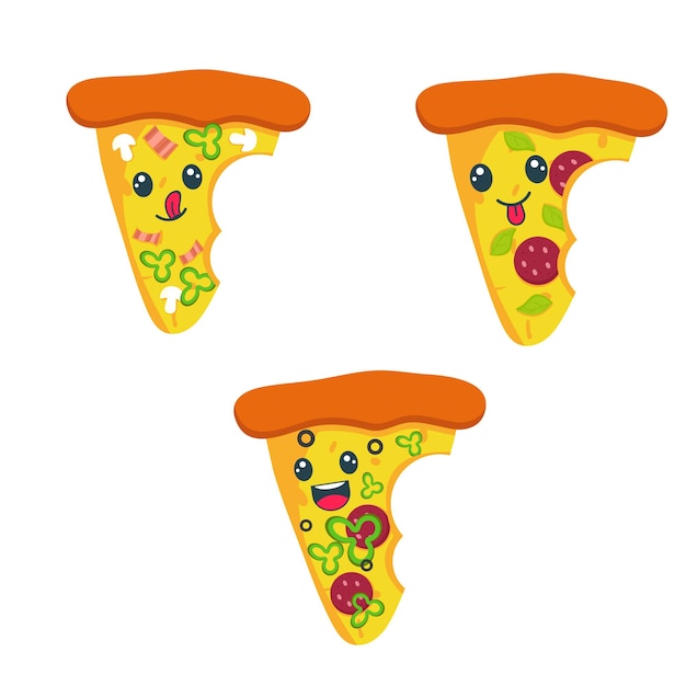 Um conjunto de fatias de pizza kawaii em diferentes sabores fast food illustration