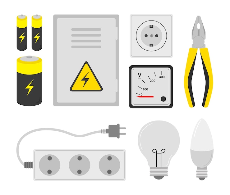 Vetor um conjunto de ferramentas elétricas, incluindo um timer de bateria, soquete, lâmpadas, baterias