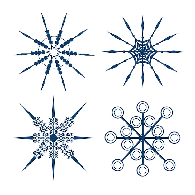 Um conjunto de flocos de neve azuis de várias formas geométricas em um fundo branco.