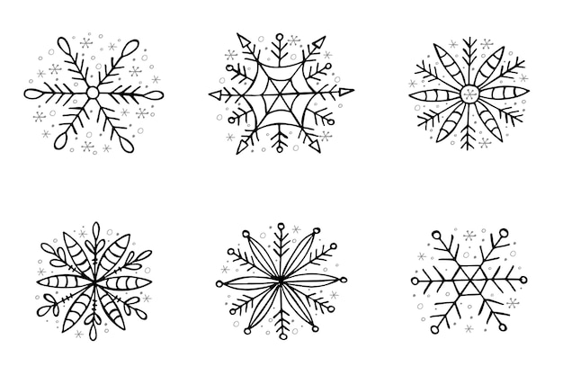 Um conjunto de flocos de neve desenhados à mão ilustração vetorial no estilo doodle humor de inverno olá 2023 feliz natal e feliz ano novo elementos preto e cinza em um fundo branco