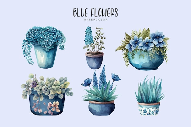 Um conjunto de flores azuis em aquarela em vasos sobre fundo azul