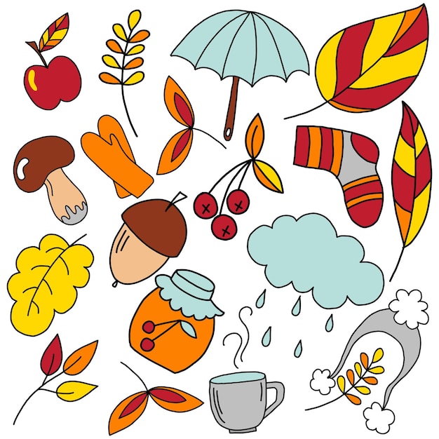 Vetor um conjunto de folhas de outono e objetos na ilustração vetorial de estilo doodle isolado