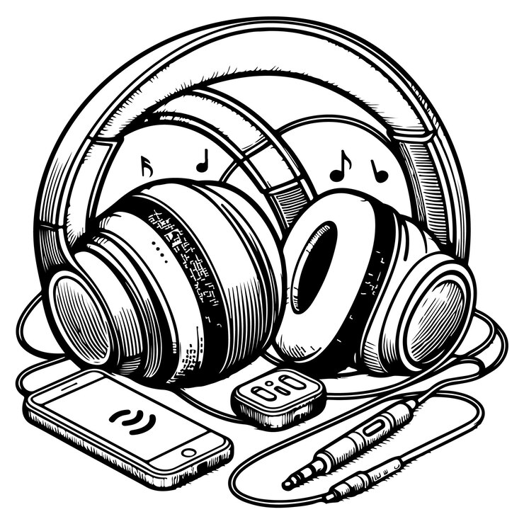 Vetor um conjunto de fones de ouvido sem fio delinear dispositivo de entretenimento ilustração vetorial preto e branco
