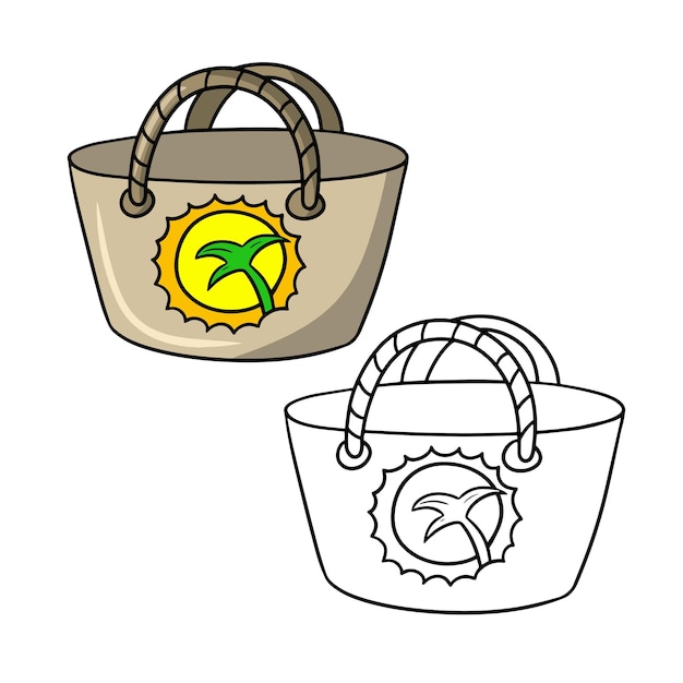 Um conjunto de fotos, uma bolsa de praia com um padrão, um atributo de viagem, uma ilustração de desenho vetorial