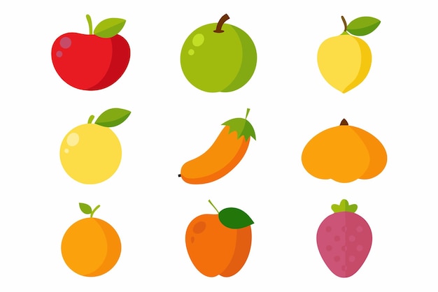 um conjunto de frutas e vegetais com uma foto deles que diz frutas