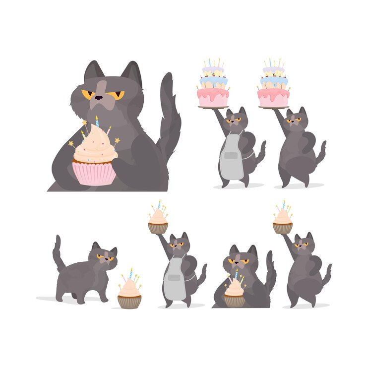 Vetor um conjunto de gatos engraçados que segura um bolinho festivo. doces com natas, muffin, sobremesa festiva, confeitaria. ideal para cartões, t-shirts e autocolantes. estilo simples do vetor.
