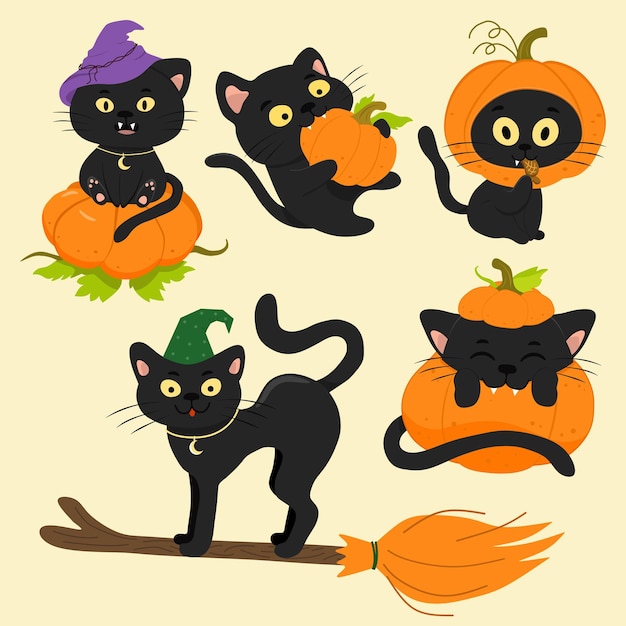 Um conjunto de gatos pretos de vetor com uma abóbora e uma vassoura para o feriado de halloween.