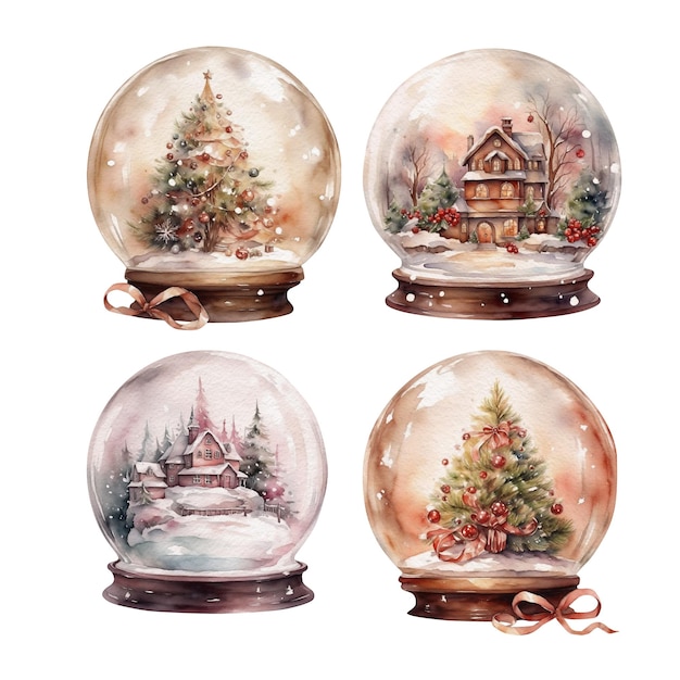 Um conjunto de globos de neve de natal a aquarela.