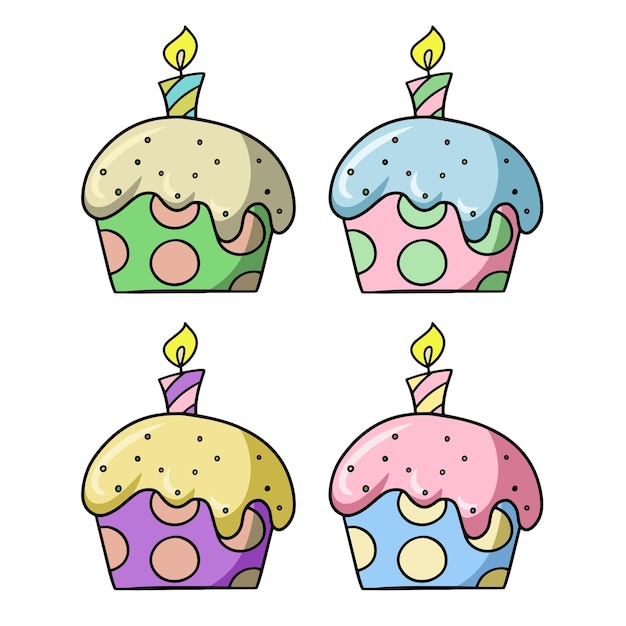 Um conjunto de ícones coloridos um muffin festivo com um desenho vetorial de vela