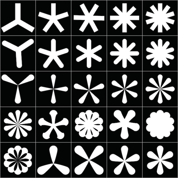 Um conjunto de ícones de asterisco preto e branco com várias formas para design digital e de impressora