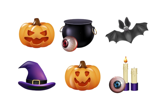 Um conjunto de ícones de halloween uma ilustração vetorial desenhada à mão com abóboras um chapéu um pote de velas um ba