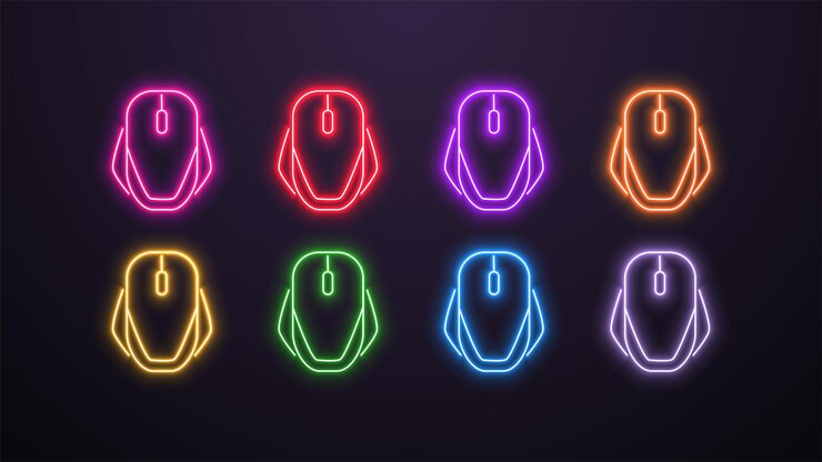 Vetor um conjunto de ícones de mouse neon brilhantes para o computador em cores diferentes em um fundo escuro um conceito para esportes e jogos cibernéticos
