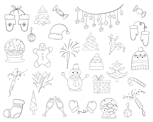 Um conjunto de ícones de natal com uma ilustração de doodle vetorial de linha fina