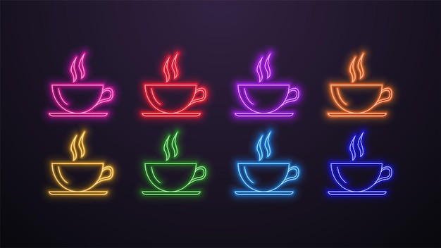 Um conjunto de ícones de néon brilhantes de xícaras de chá ou café nas cores azul verde laranja amarelo vermelho roxo e rosa em um fundo escuro