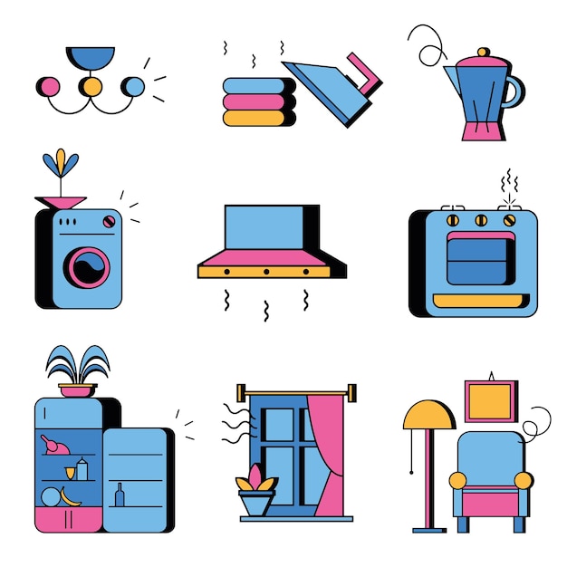 Um conjunto de ícones lineares de eletrodomésticos. Eletrônicos domésticos e de cozinha.