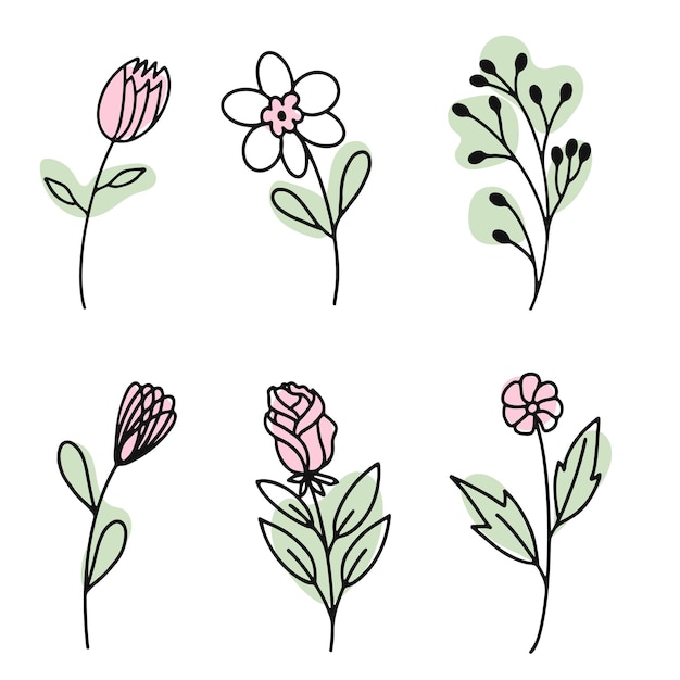 Um conjunto de ícones planos com a imagem de flores da primavera destacadas em um fundo branco
