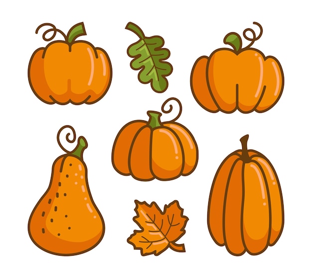 Vetor um conjunto de ícones planos de abóboras e folhas de outono