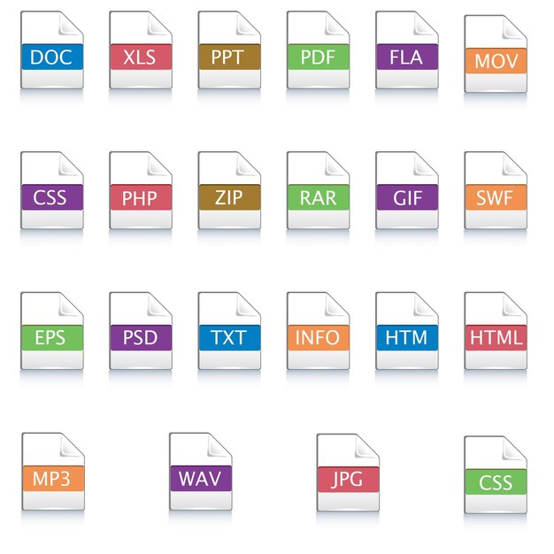 Um conjunto de ícones planos de formatos de arquivo Pictogramas de documentos de papel branco com diferentes extensões de tipos de arquivo