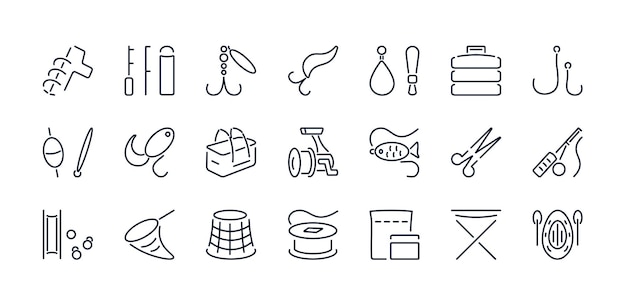 Vetor um conjunto de ícones vetoriais de uma linha fina de equipamentos e bens para a pesca