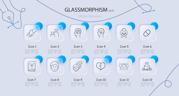 Um conjunto de ícones vetoriais que representam a superação da depressão com vários símbolos e ilustrações relacionados à resiliência Ícone de linha vetorial estilo Glassmorphism