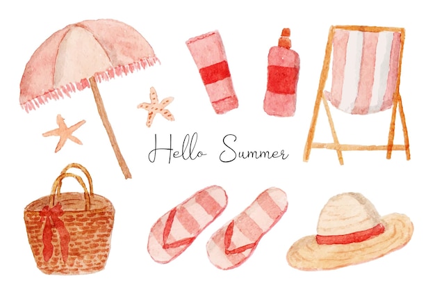 um conjunto de ilustração em aquarela de acessórios de praia de verão