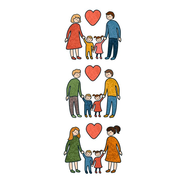 Um conjunto de ilustrações coloridas de diferentes famílias