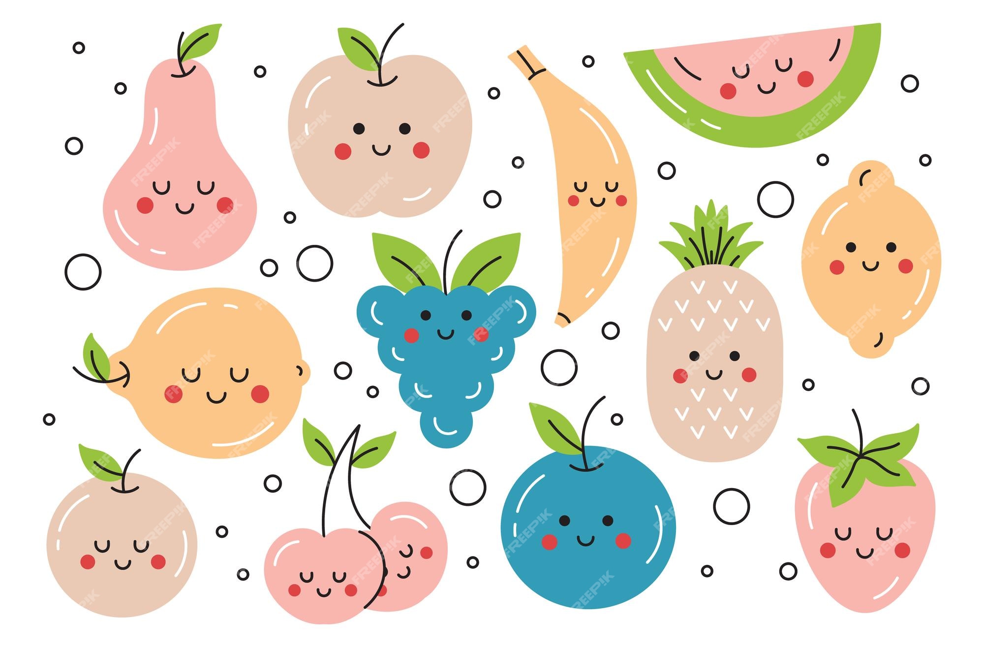 Um conjunto de ilustrações de frutas kawaii fofas desenho infantil