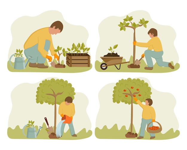 Vetor um conjunto de ilustrações de jardinagem um homem está plantando mudas cavando e regando