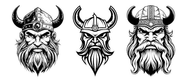 Um conjunto de ilustrações de logotipo vetorial em preto e branco mostrando uma cabeça de viking zangada ideal para criar uma marca ousada e distintiva