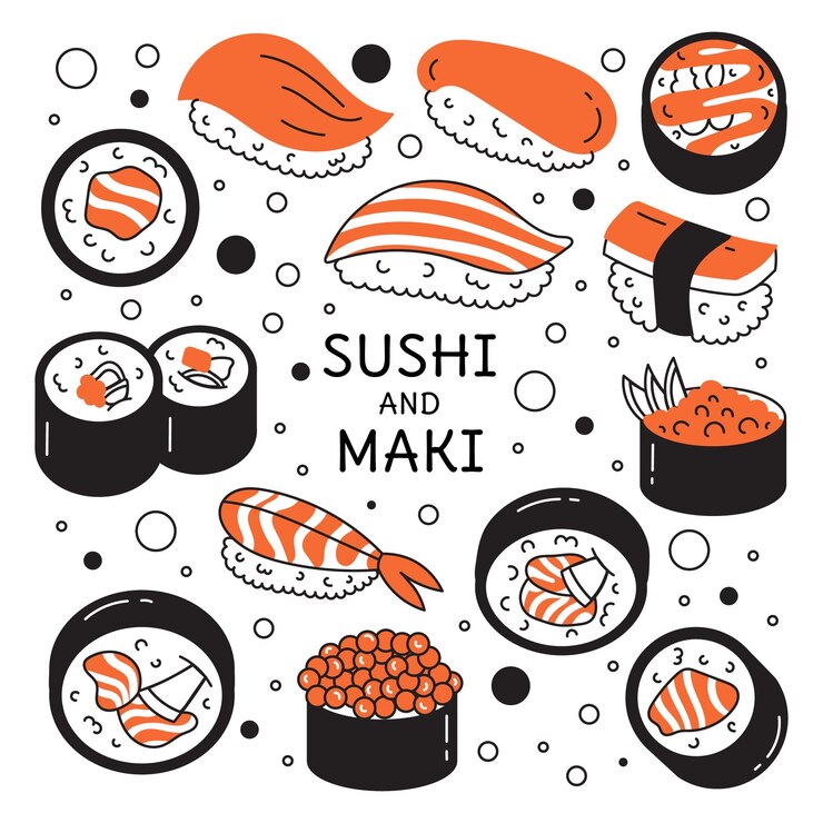 Vetor um conjunto de ilustrações de sushi, sashimi e maki. culinária japonesa.