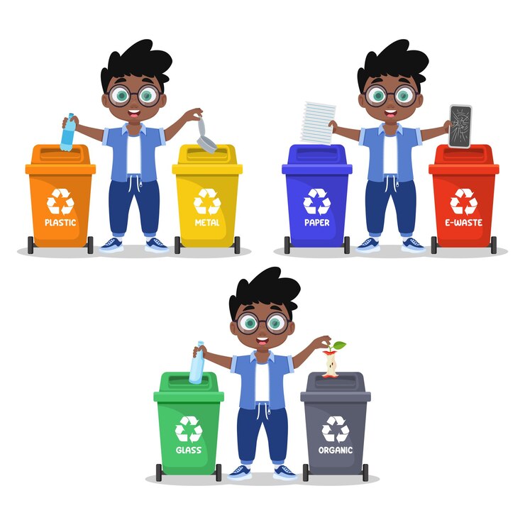 Vetor um conjunto de ilustrações de um menino classificando o lixo