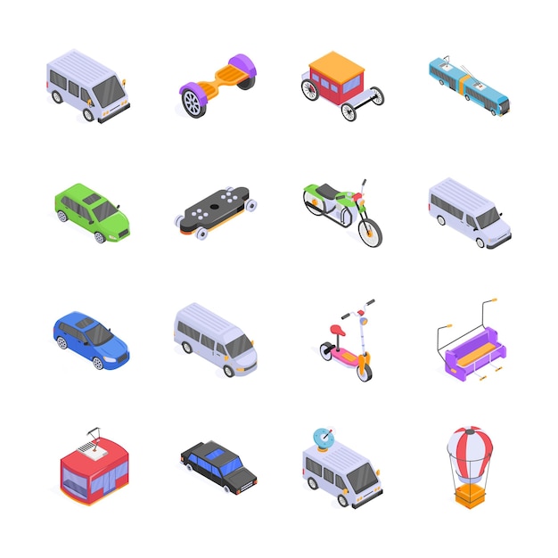 Um conjunto de ilustrações isométricas coloridas mostrando vários modos de transporte urbano