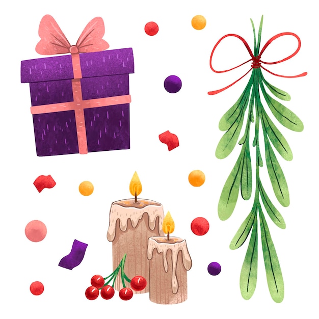 Um conjunto de ilustrações para as velas de ano novo com bagas vermelhas, um galho verde de Natal amarrado com uma fita vermelha, um presente roxo, lantejoulas e fitas