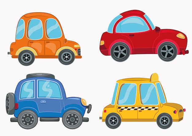 Um conjunto de ilustrações vetoriais de carros de desenho animado