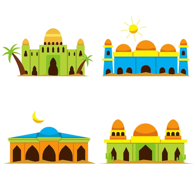 Um conjunto de ilustrações vetoriais de uma mesquita no deserto com diferentes formas e cores