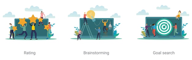 Um conjunto de ilustrações vetoriais sobre o tema da pesquisa de objetivos de brainstorming de classificação de negócios